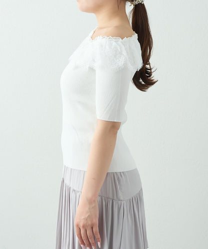 【La boutique BonBon】UV防曬單肩蕾絲荷葉邊針織衫