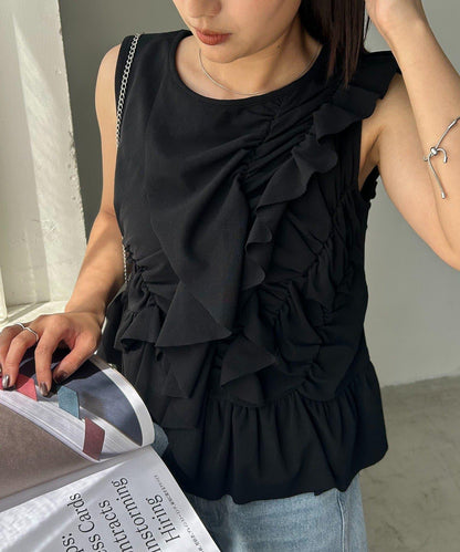 不對稱荷葉邊 無袖設計 T恤（HAPPY BAG対象アイテム）