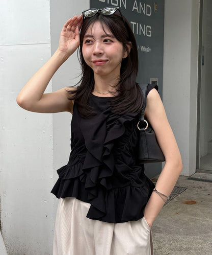 不對稱荷葉邊 無袖設計 T恤（HAPPY BAG対象アイテム）