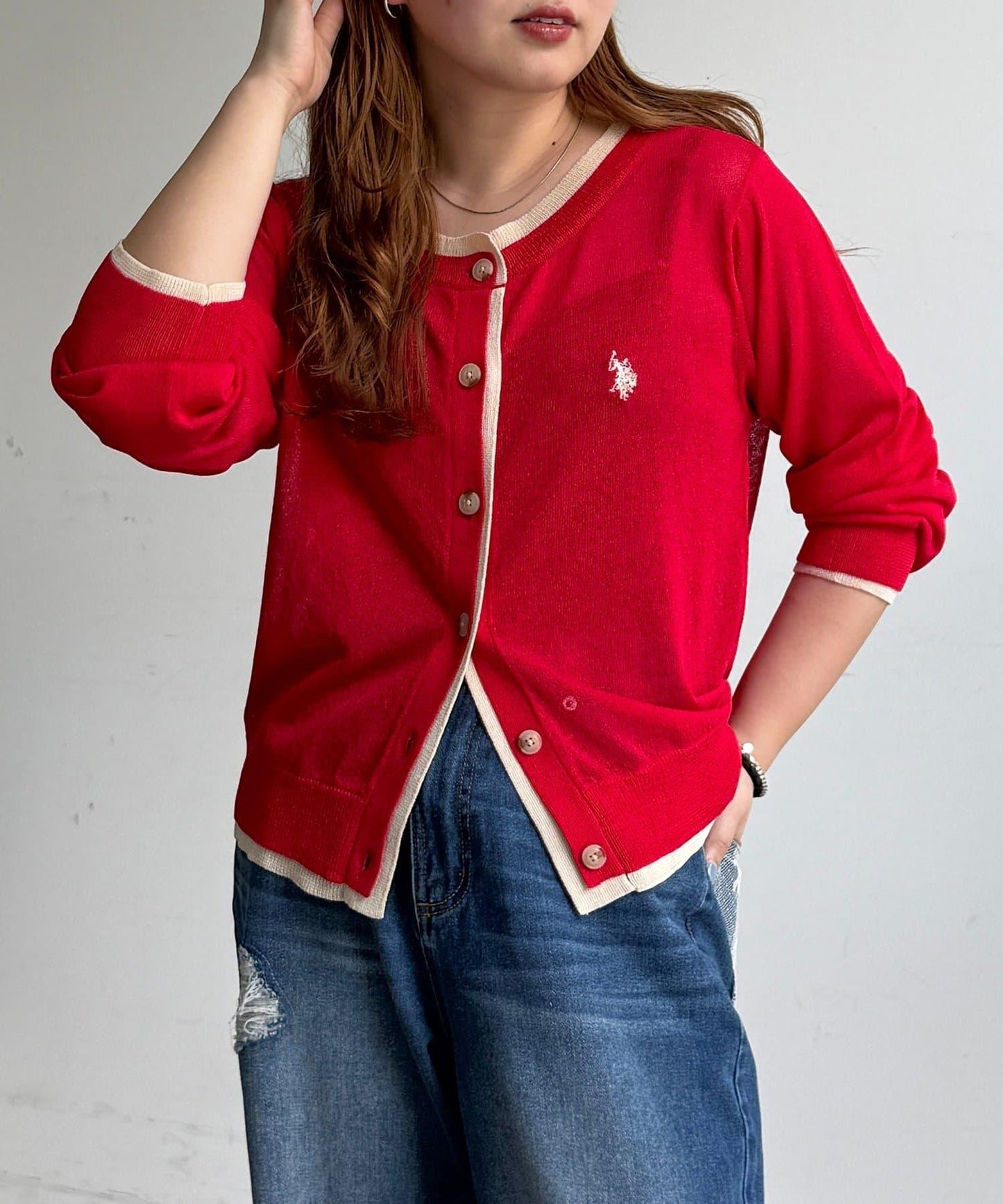 U.S. POLO ASSN. 假兩件透視針織開衫