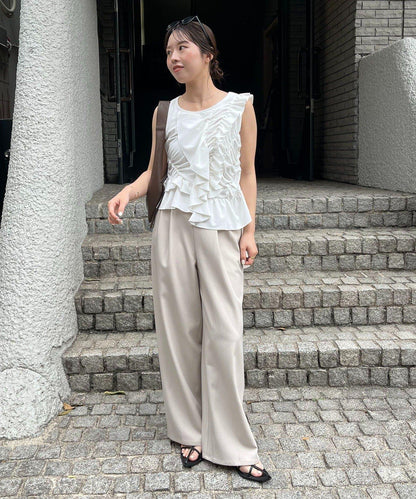 不對稱荷葉邊 無袖設計 T恤（HAPPY BAG対象アイテム）