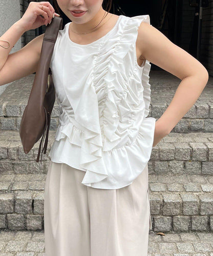 不對稱荷葉邊 無袖設計 T恤（HAPPY BAG対象アイテム）