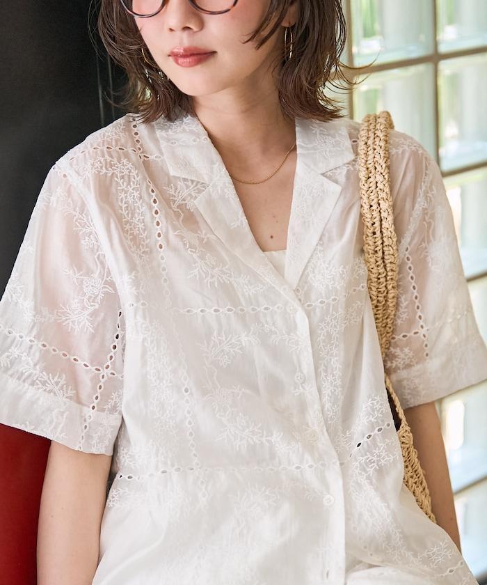 拼接刺繡短袖釦襯衫