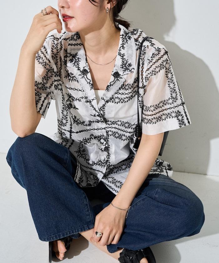 拼接刺繡短袖釦襯衫