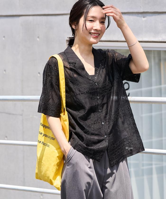 拼接刺繡短袖釦襯衫