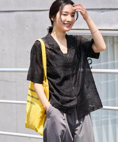 拼接刺繡短袖釦襯衫
