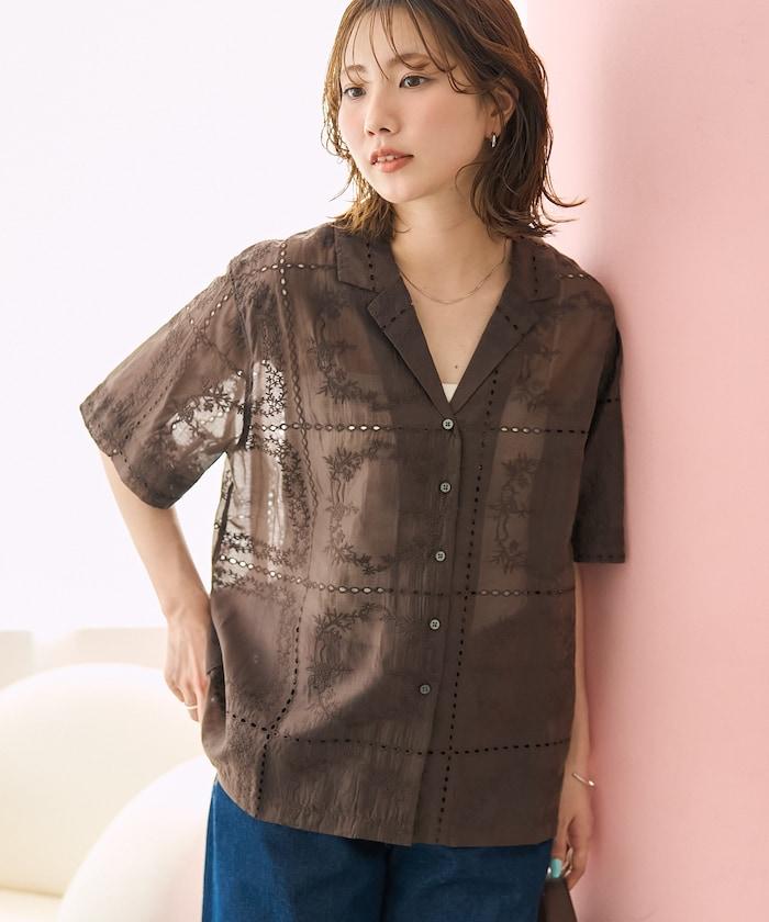 拼接刺繡短袖釦襯衫