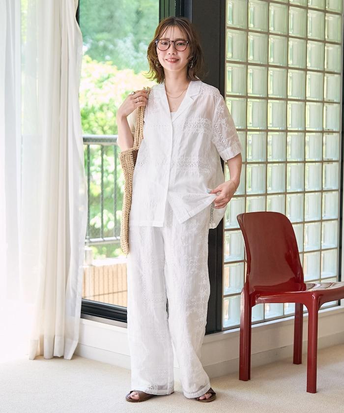 拼接刺繡短袖釦襯衫