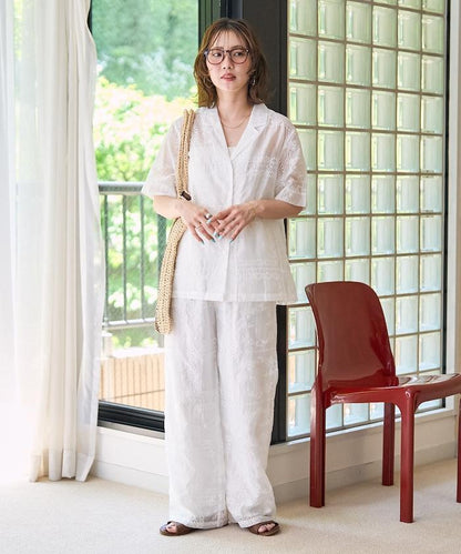 拼接刺繡短袖釦襯衫