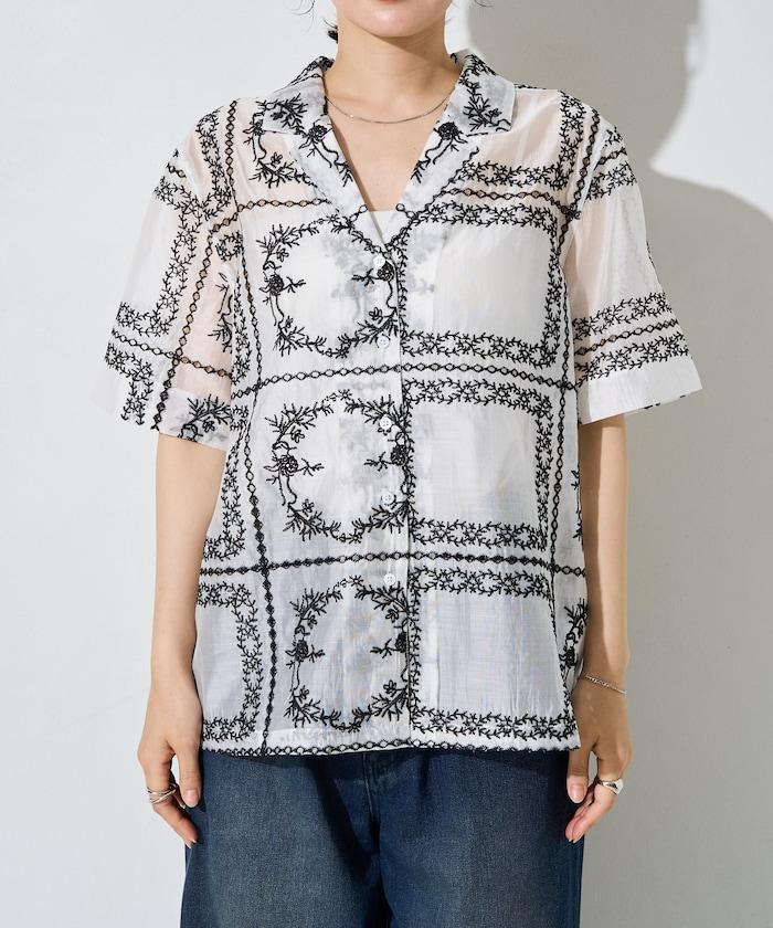 拼接刺繡短袖釦襯衫