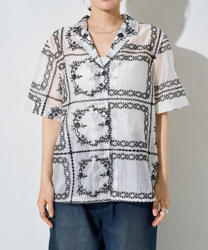 拼接刺繡短袖釦襯衫