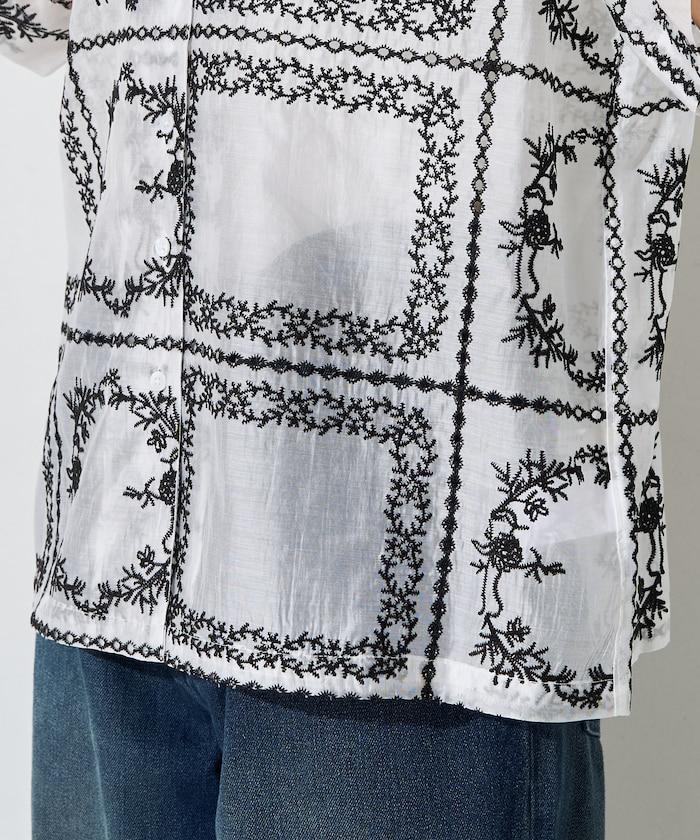 拼接刺繡短袖釦襯衫