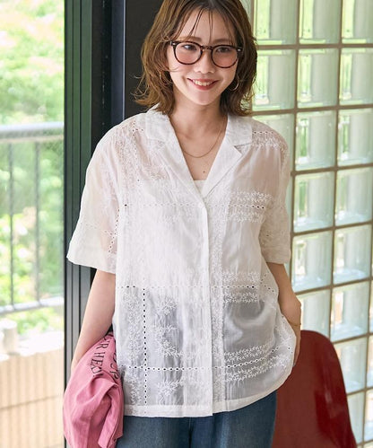 拼接刺繡短袖釦襯衫