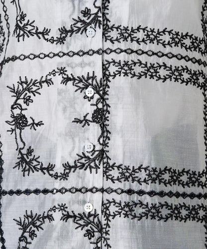拼接刺繡短袖釦襯衫