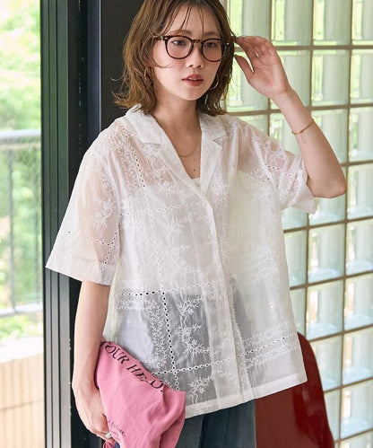拼接刺繡短袖釦襯衫