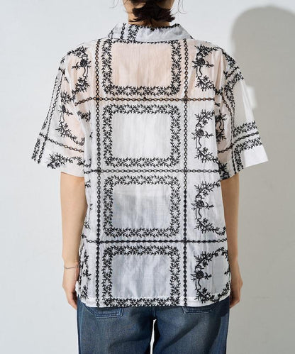 拼接刺繡短袖釦襯衫