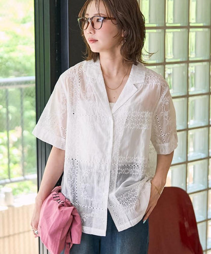 拼接刺繡短袖釦襯衫
