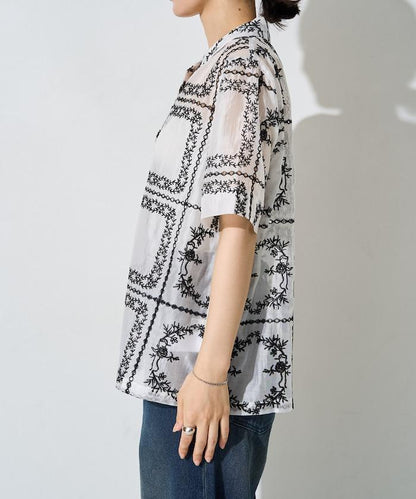 拼接刺繡短袖釦襯衫