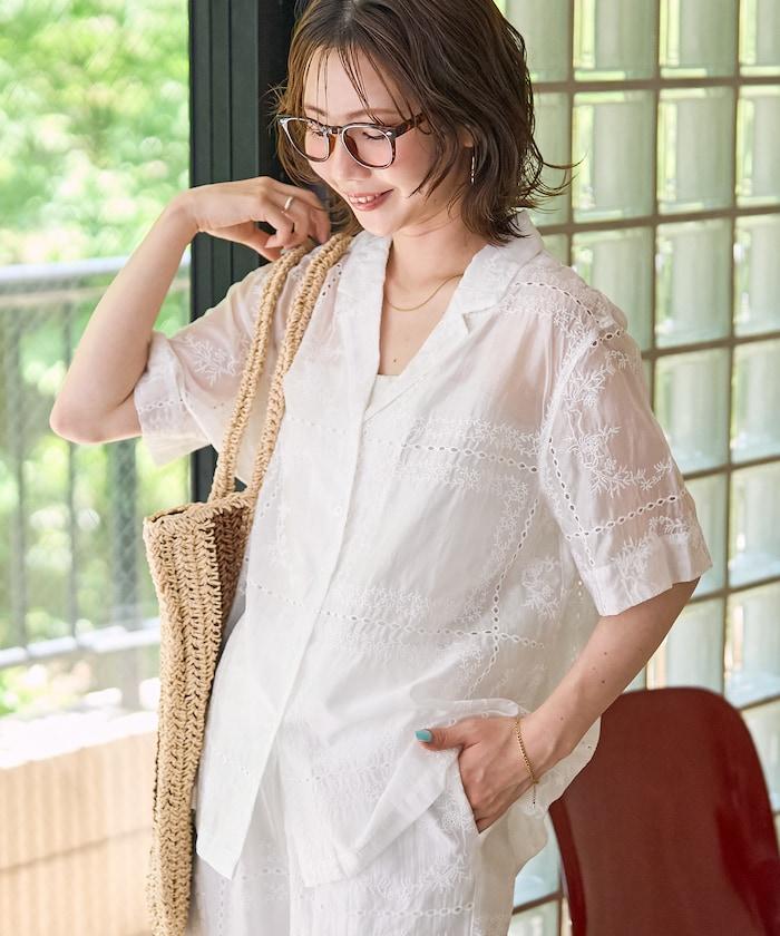 拼接刺繡短袖釦襯衫