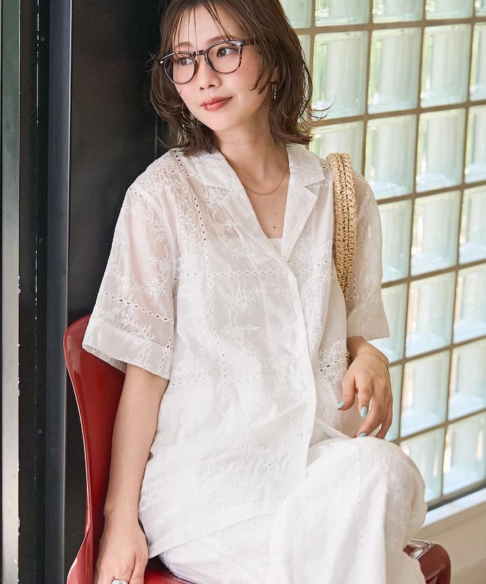 拼接刺繡短袖釦襯衫