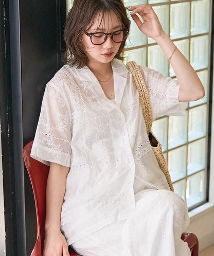 拼接刺繡短袖釦襯衫
