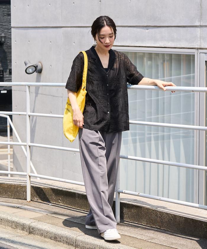拼接刺繡短袖釦襯衫