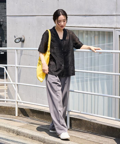 拼接刺繡短袖釦襯衫