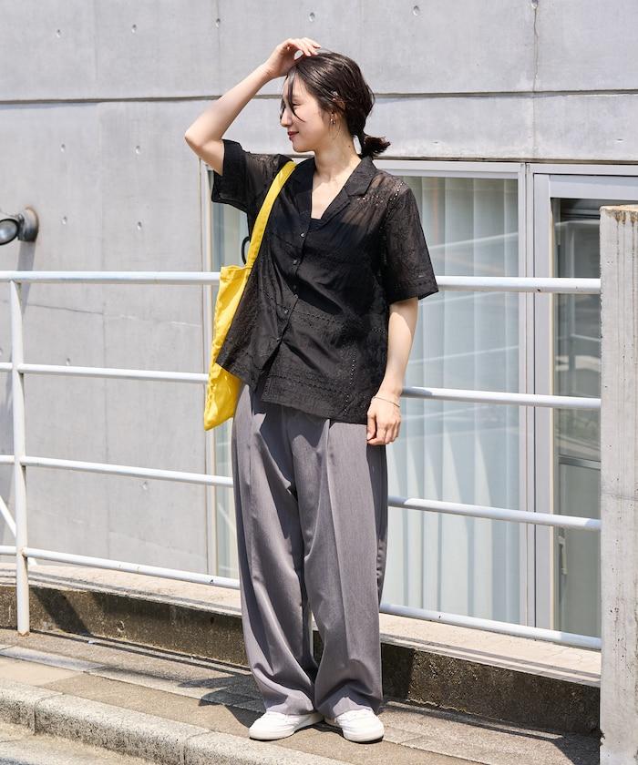 拼接刺繡短袖釦襯衫