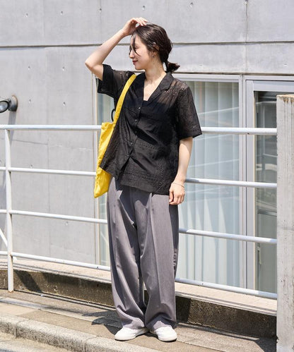 拼接刺繡短袖釦襯衫