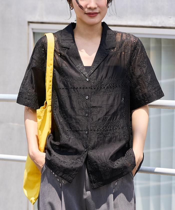 拼接刺繡短袖釦襯衫