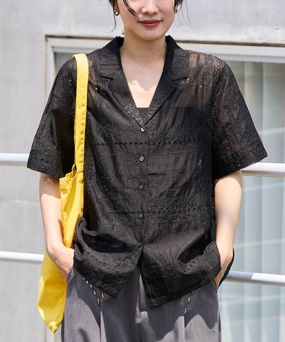 拼接刺繡短袖釦襯衫