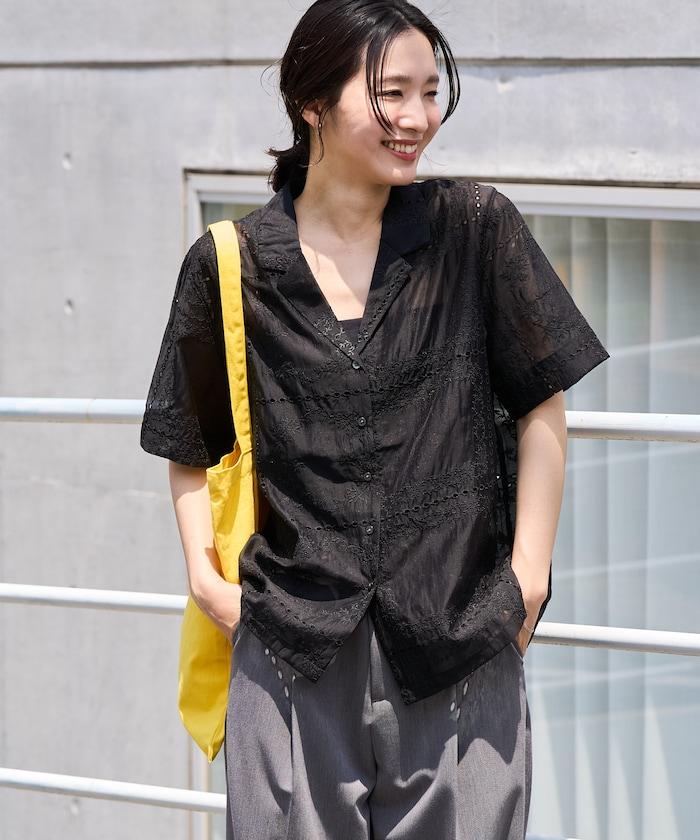 拼接刺繡短袖釦襯衫