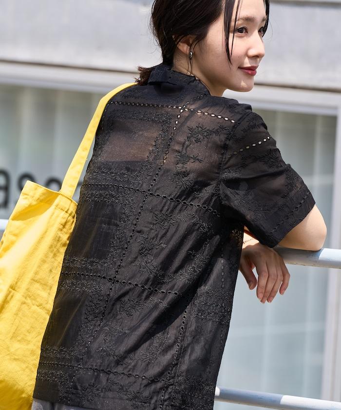 拼接刺繡短袖釦襯衫