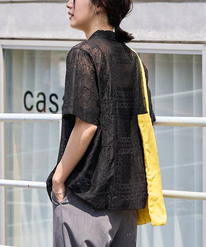 拼接刺繡短袖釦襯衫