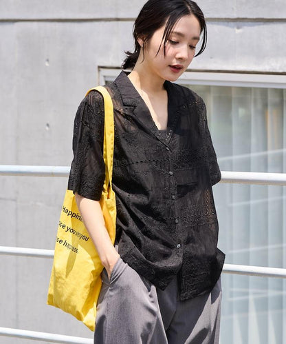 拼接刺繡短袖釦襯衫