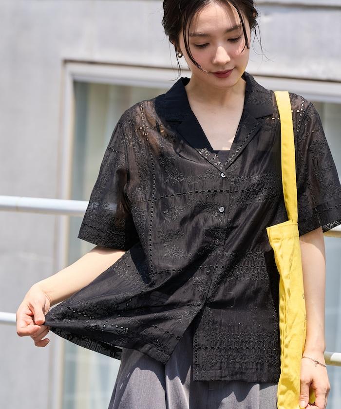 拼接刺繡短袖釦襯衫