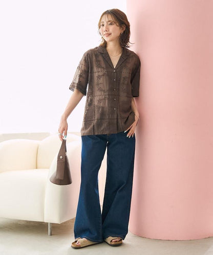 拼接刺繡短袖釦襯衫