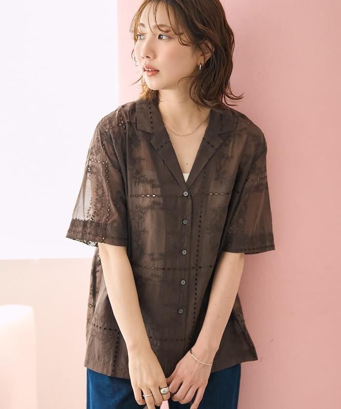 拼接刺繡短袖釦襯衫