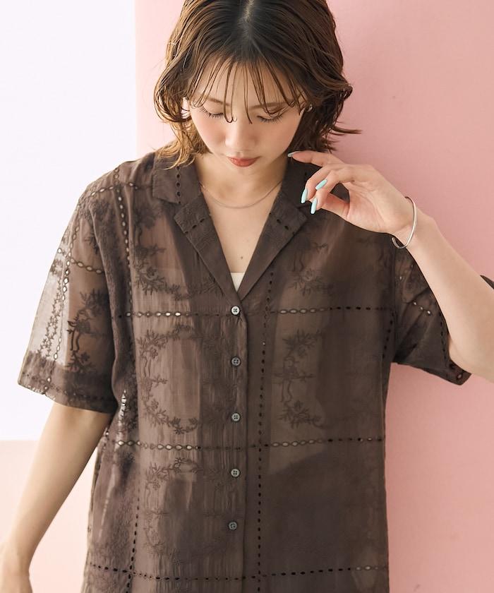拼接刺繡短袖釦襯衫
