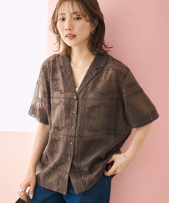 拼接刺繡短袖釦襯衫