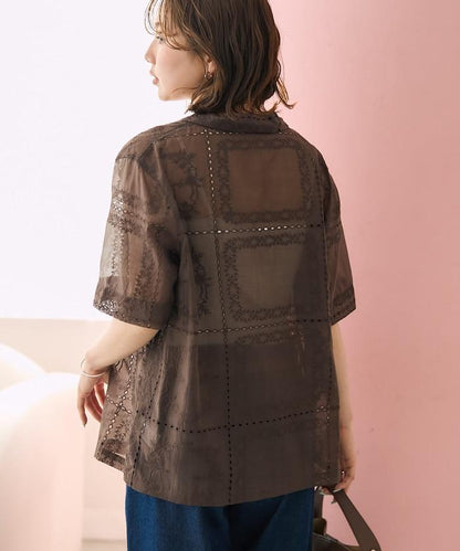 拼接刺繡短袖釦襯衫