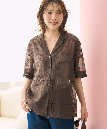 拼接刺繡短袖釦襯衫