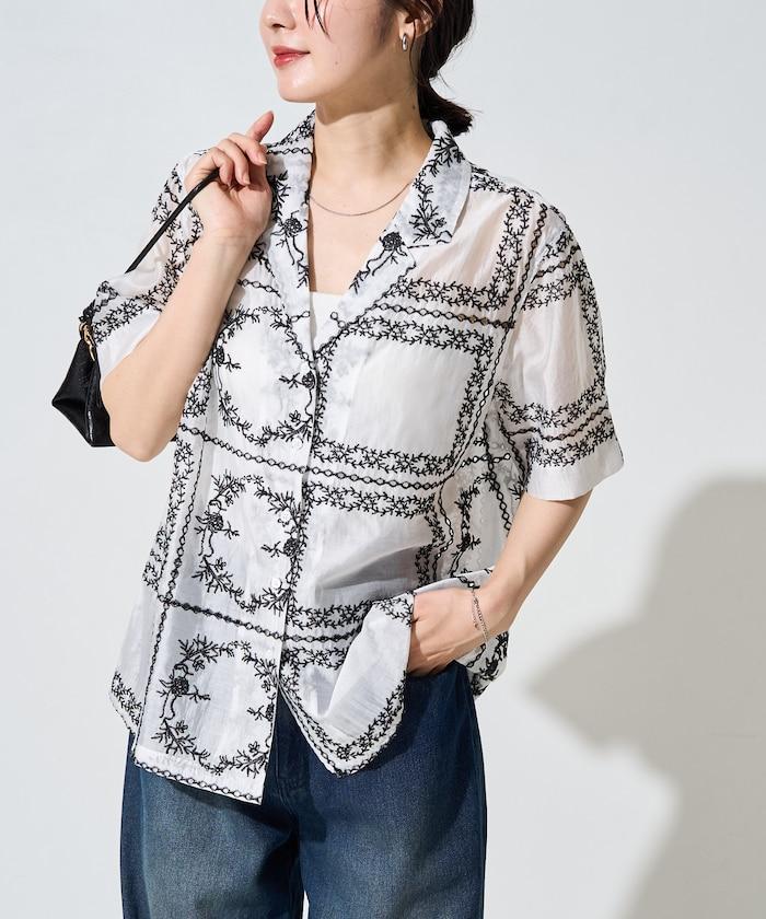 拼接刺繡短袖釦襯衫