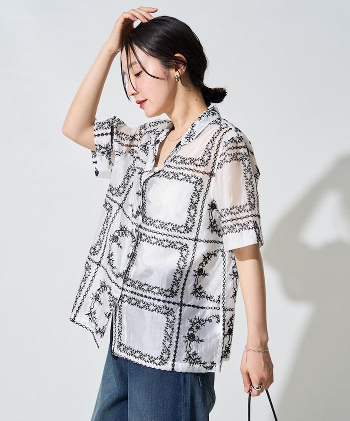 拼接刺繡短袖釦襯衫