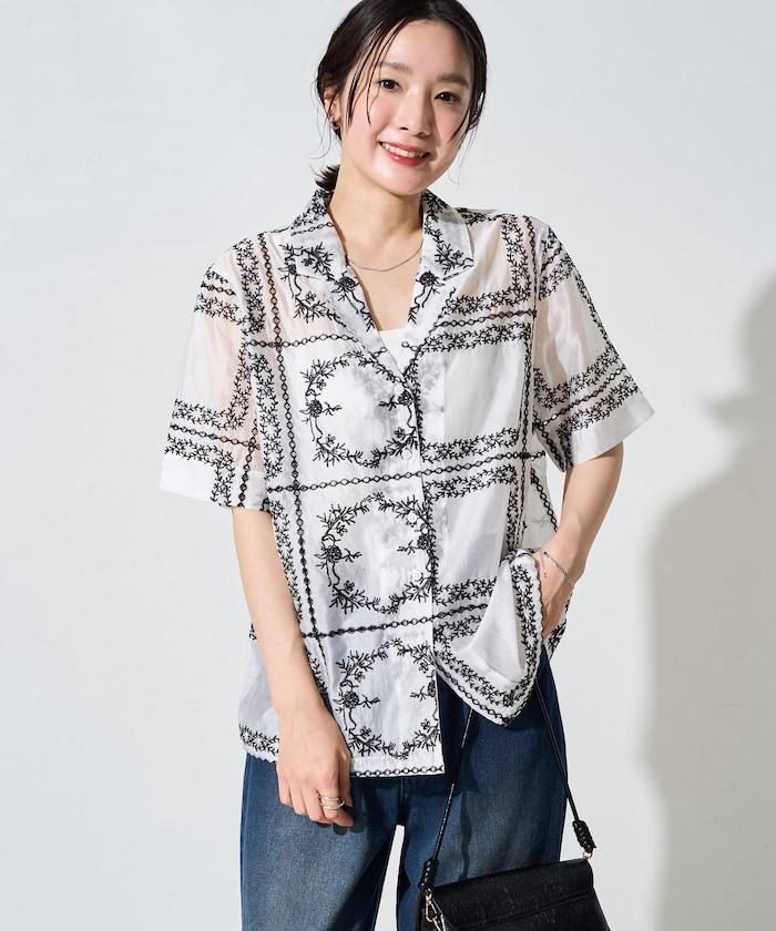 拼接刺繡短袖釦襯衫