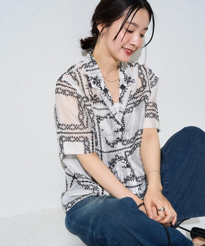 拼接刺繡短袖釦襯衫