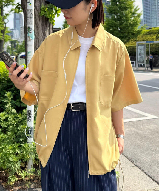 全開拉鍊短袖襯衫