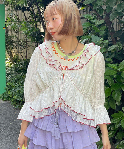 HELLO.SANFRANCISCO 蕾絲波浪滾邊小披肩襯衫