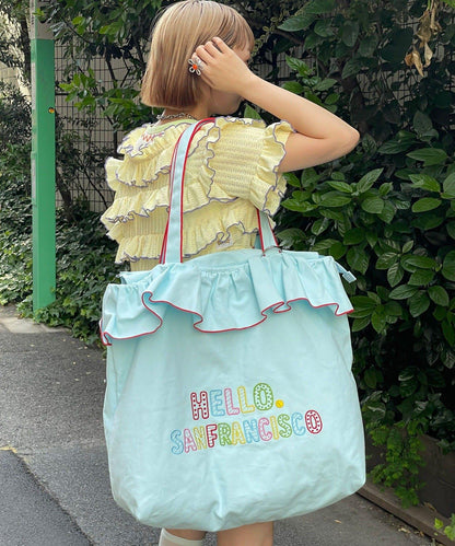 HELLO.SANFRANCISCO 荷葉邊刺繡大號托特包