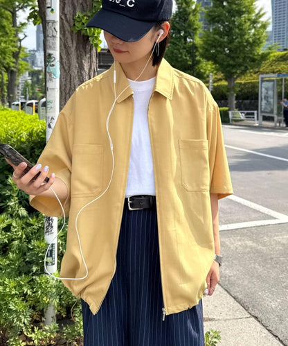 全開拉鍊短袖襯衫